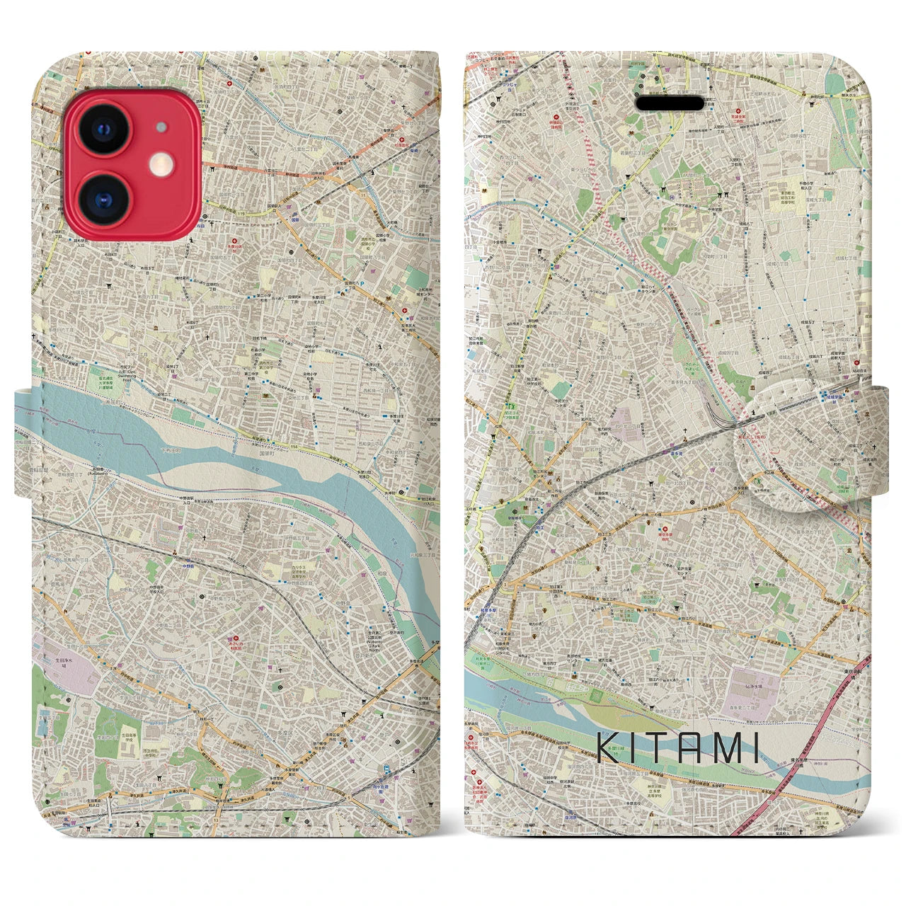 【喜多見】地図柄iPhoneケース（手帳両面タイプ・ナチュラル）iPhone 11 用