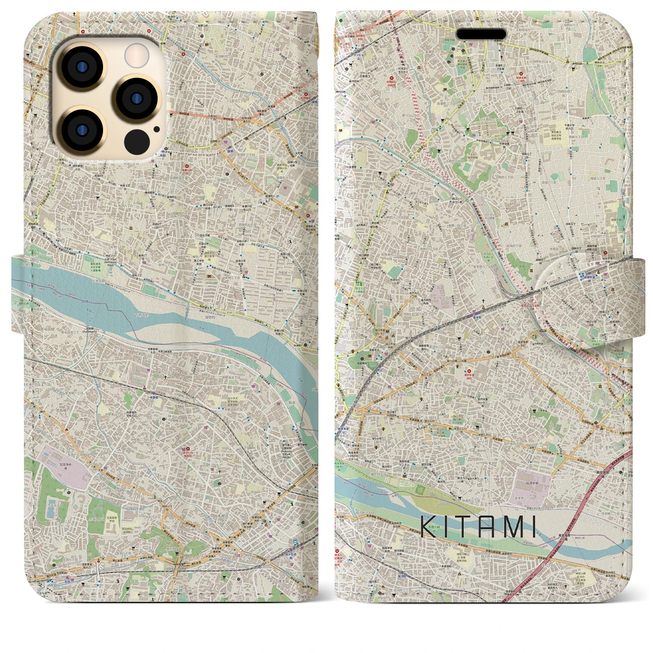 【喜多見】地図柄iPhoneケース（手帳両面タイプ・ナチュラル）iPhone 12 Pro Max 用