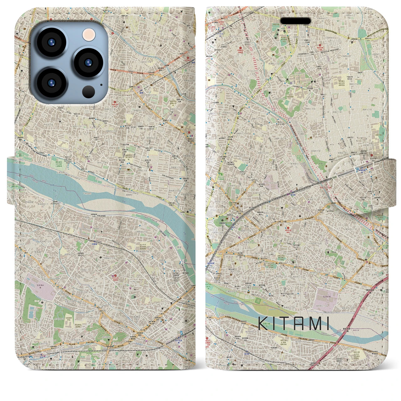 【喜多見】地図柄iPhoneケース（手帳両面タイプ・ナチュラル）iPhone 13 Pro Max 用