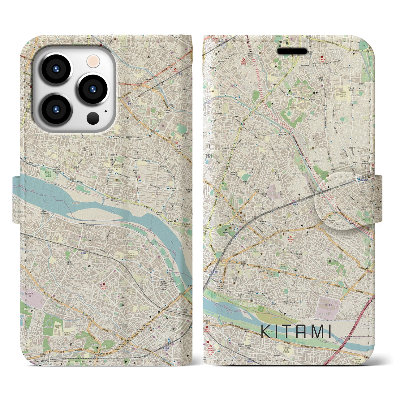 【喜多見】地図柄iPhoneケース（手帳両面タイプ・ナチュラル）iPhone 13 Pro 用