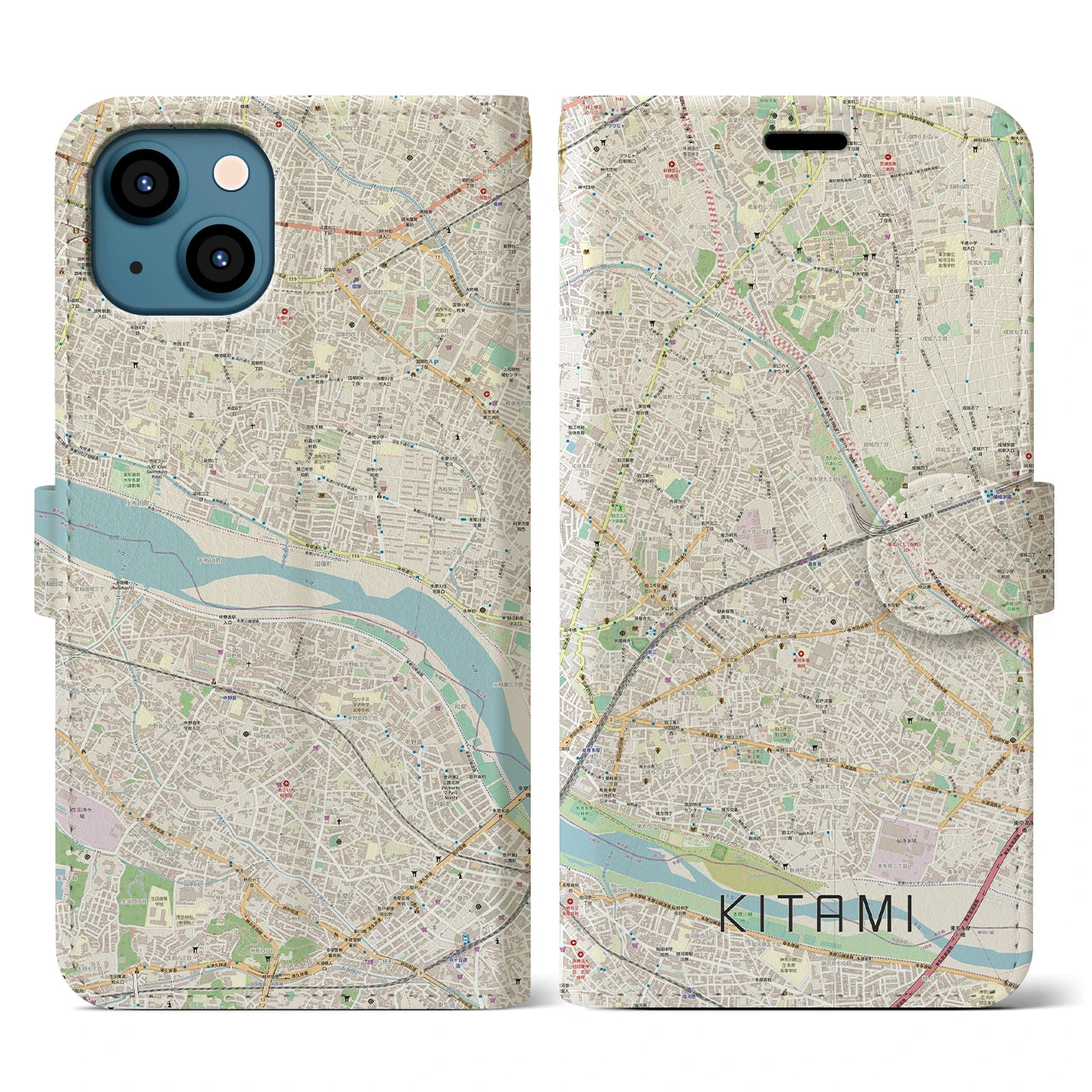 【喜多見】地図柄iPhoneケース（手帳両面タイプ・ナチュラル）iPhone 13 用