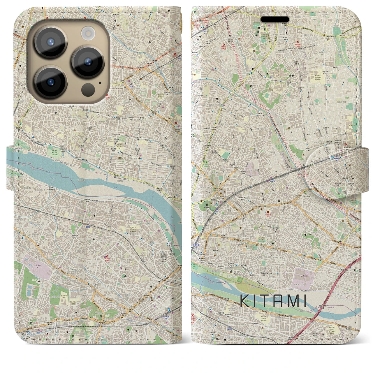 【喜多見】地図柄iPhoneケース（手帳両面タイプ・ナチュラル）iPhone 14 Pro Max 用