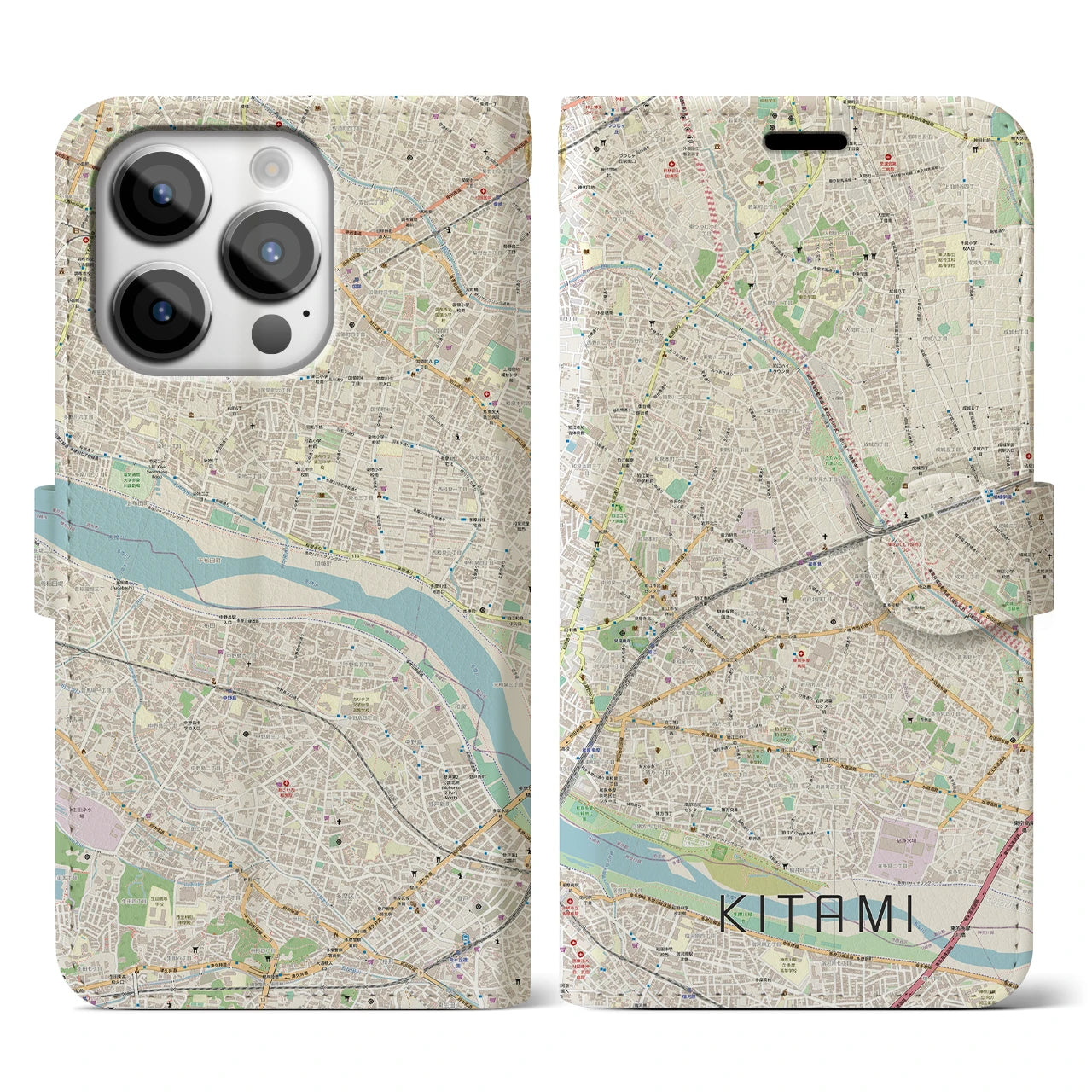 【喜多見】地図柄iPhoneケース（手帳両面タイプ・ナチュラル）iPhone 14 Pro 用