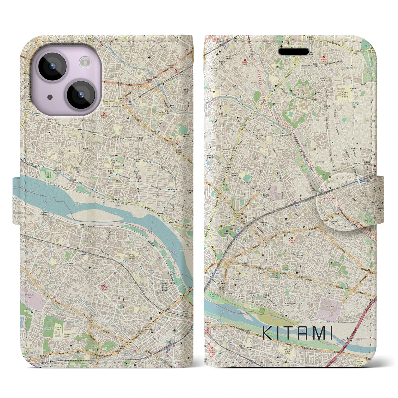 【喜多見】地図柄iPhoneケース（手帳両面タイプ・ナチュラル）iPhone 14 用