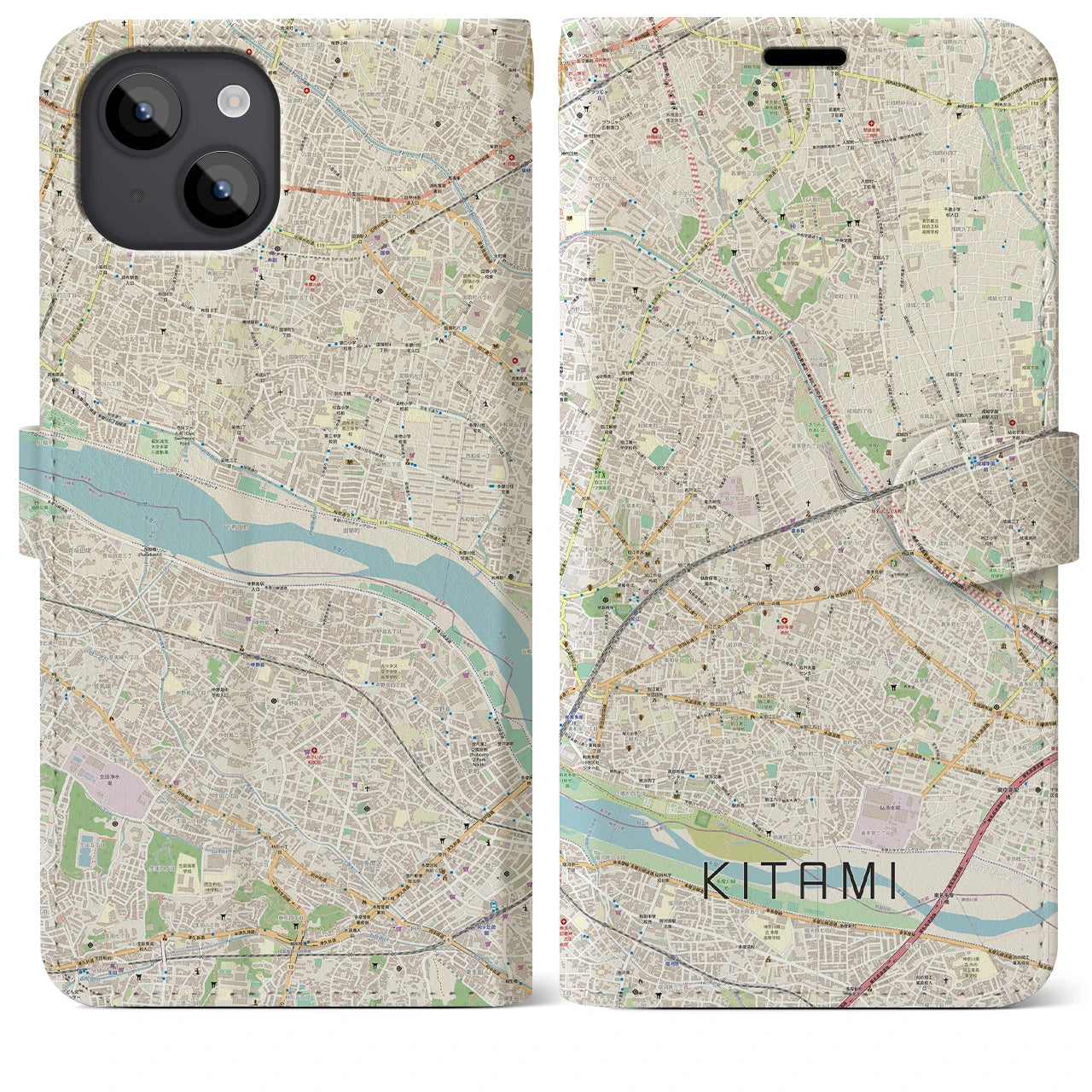 【喜多見】地図柄iPhoneケース（手帳両面タイプ・ナチュラル）iPhone 14 Plus 用