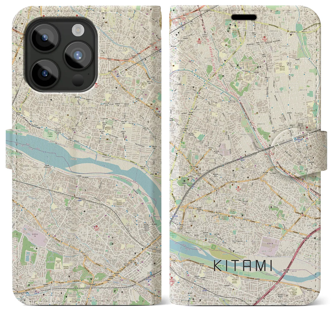 【喜多見】地図柄iPhoneケース（手帳両面タイプ・ナチュラル）iPhone 15 Pro Max 用