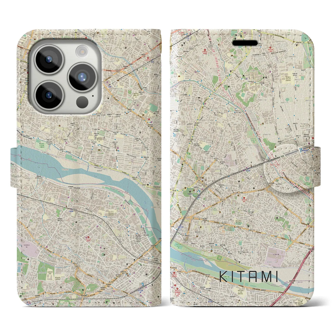 【喜多見】地図柄iPhoneケース（手帳両面タイプ・ナチュラル）iPhone 15 Pro 用