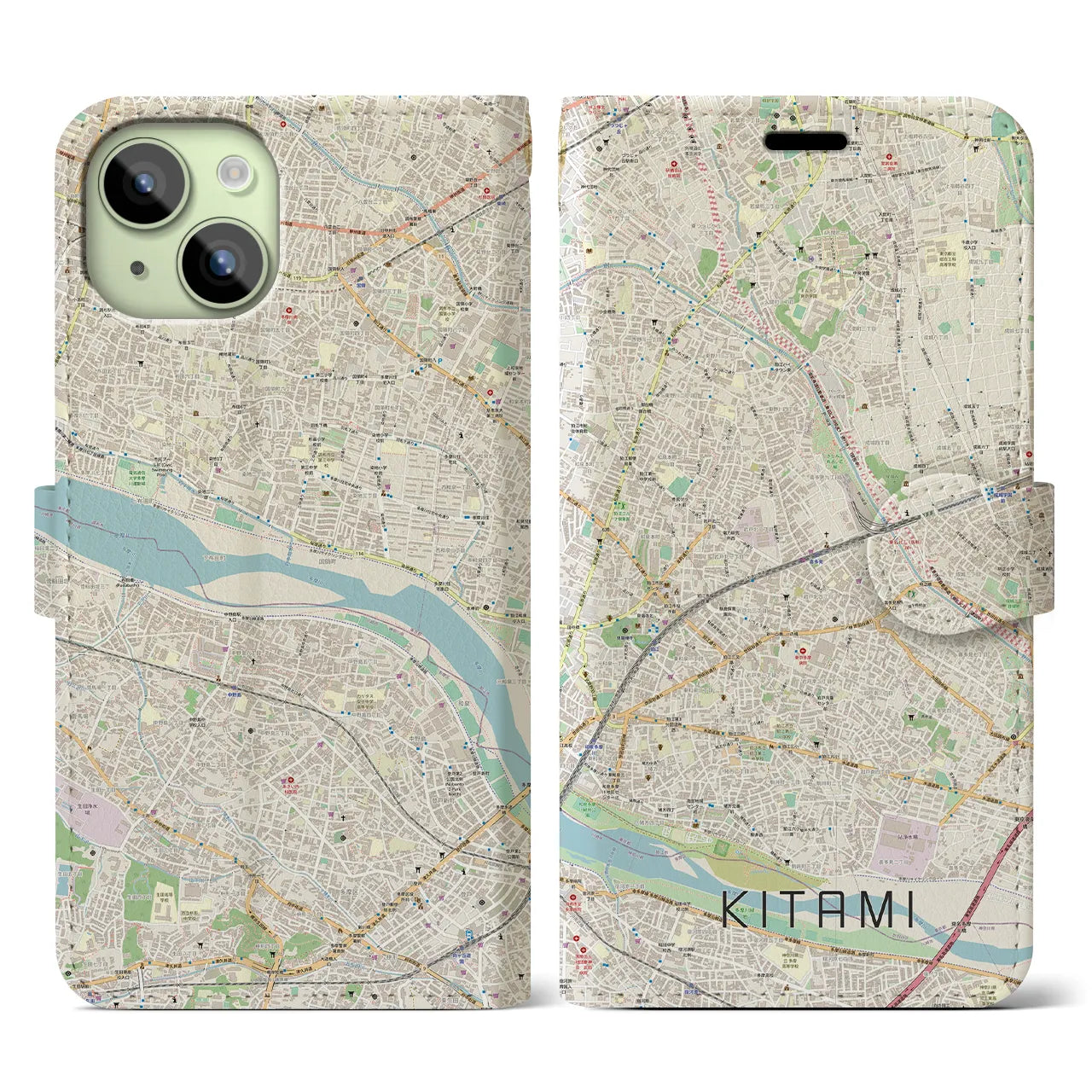 【喜多見】地図柄iPhoneケース（手帳両面タイプ・ナチュラル）iPhone 15 用