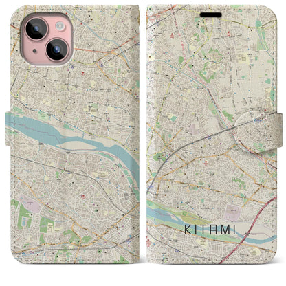 【喜多見（東京都）】地図柄iPhoneケース（手帳タイプ）ナチュラル・iPhone 15 Plus 用