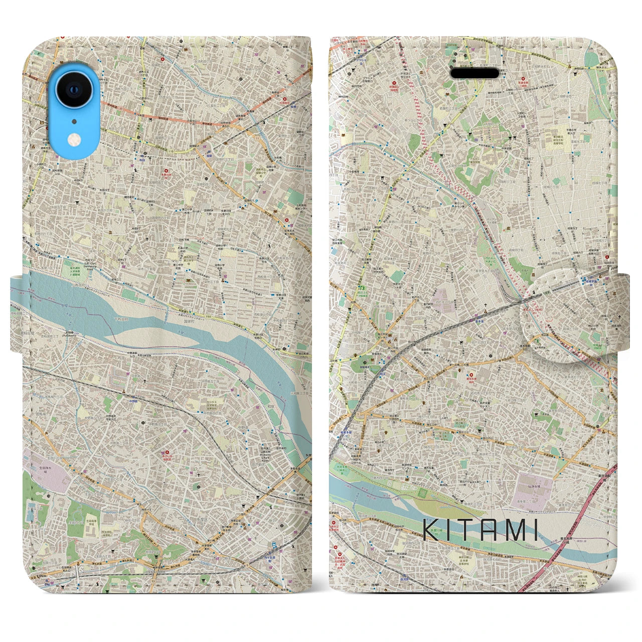 【喜多見】地図柄iPhoneケース（手帳両面タイプ・ナチュラル）iPhone XR 用