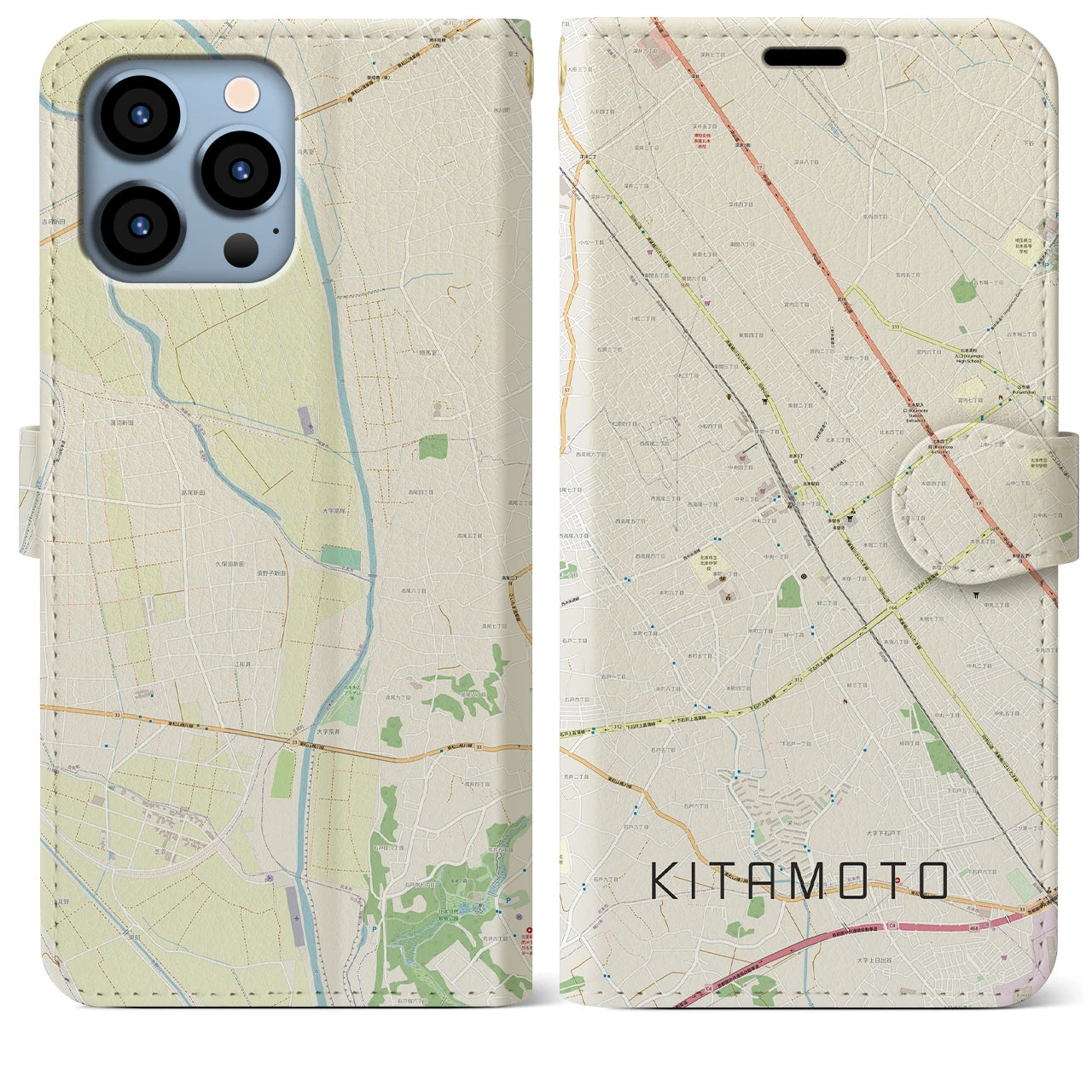 【北本】地図柄iPhoneケース（手帳両面タイプ・ナチュラル）iPhone 13 Pro Max 用