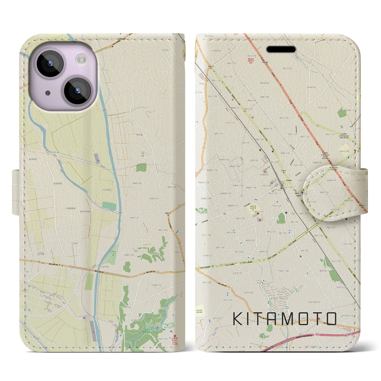 【北本】地図柄iPhoneケース（手帳両面タイプ・ナチュラル）iPhone 14 用