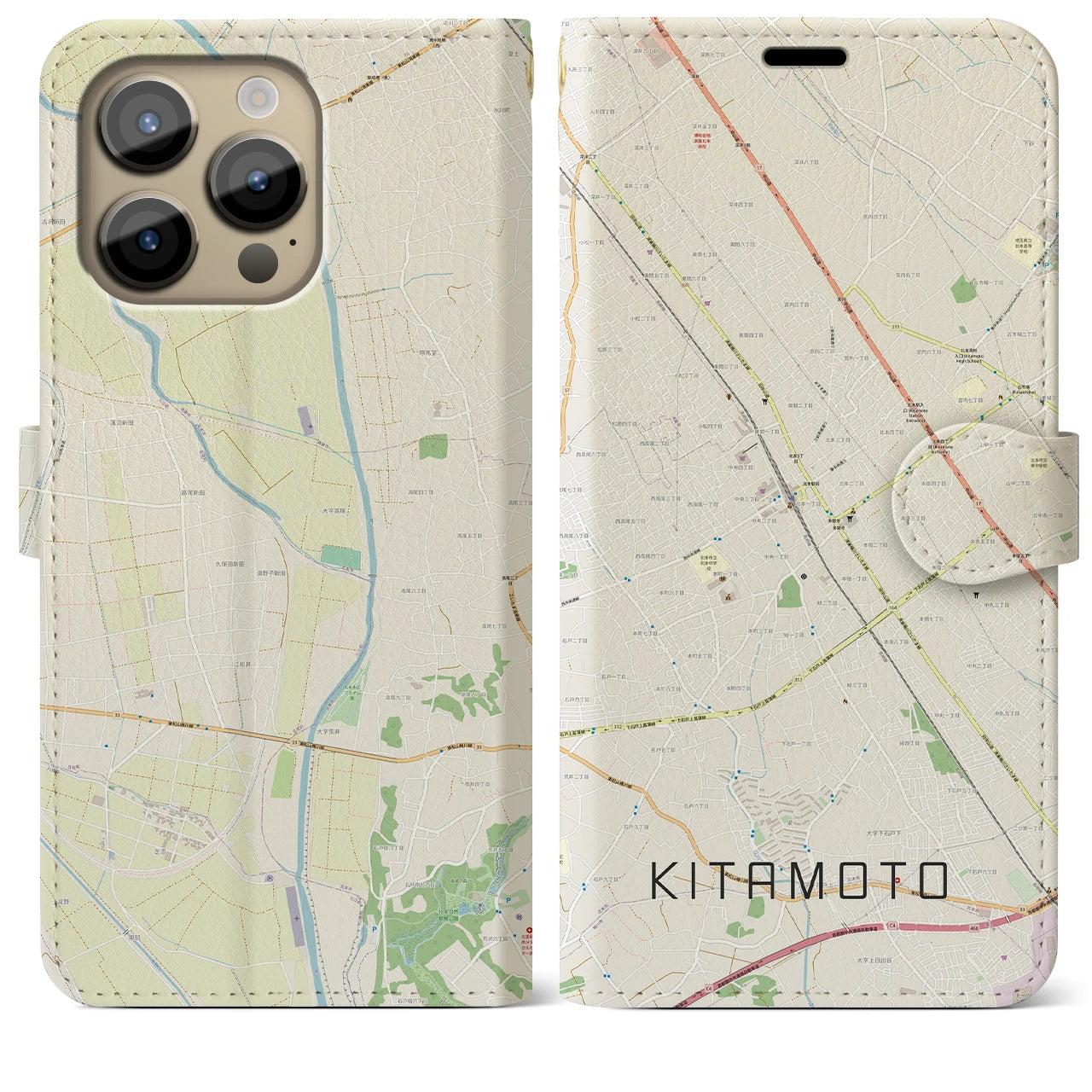 【北本】地図柄iPhoneケース（手帳両面タイプ・ナチュラル）iPhone 14 Pro Max 用