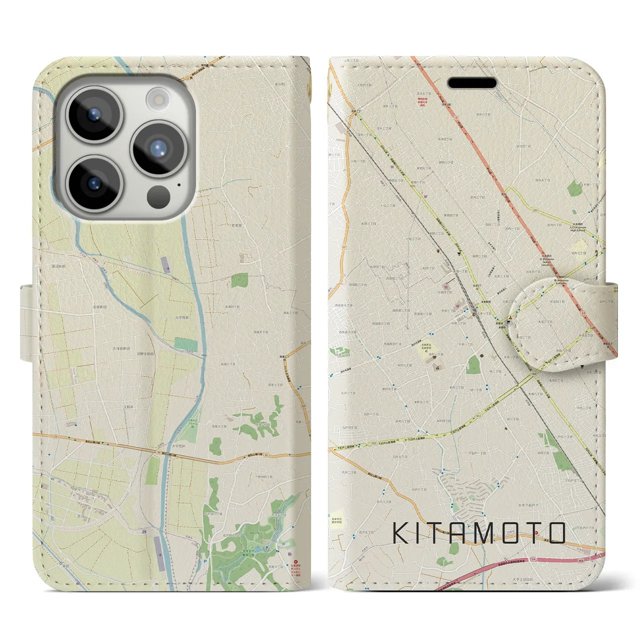 【北本】地図柄iPhoneケース（手帳両面タイプ・ナチュラル）iPhone 15 Pro 用