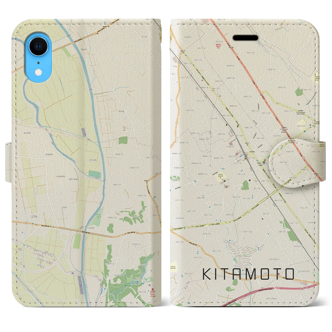 【北本】地図柄iPhoneケース（手帳両面タイプ・ナチュラル）iPhone XR 用