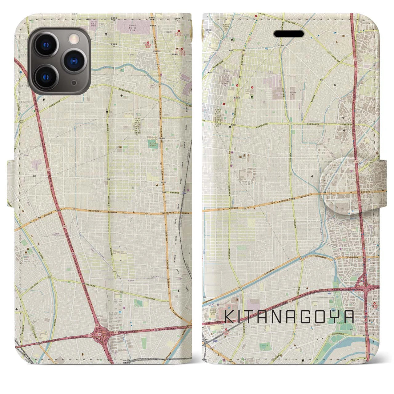 【北名古屋】地図柄iPhoneケース（手帳両面タイプ・ナチュラル）iPhone 11 Pro Max 用