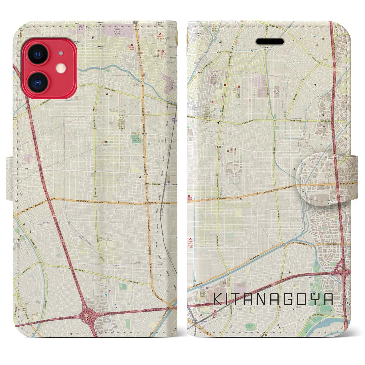 【北名古屋】地図柄iPhoneケース（手帳両面タイプ・ナチュラル）iPhone 11 用