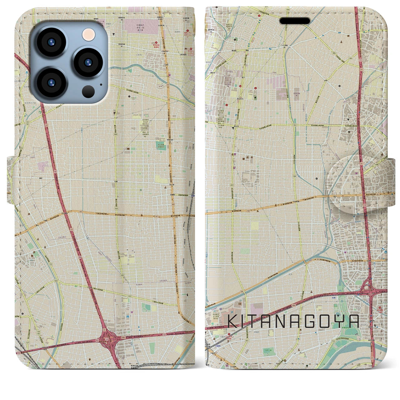 【北名古屋】地図柄iPhoneケース（手帳両面タイプ・ナチュラル）iPhone 13 Pro Max 用