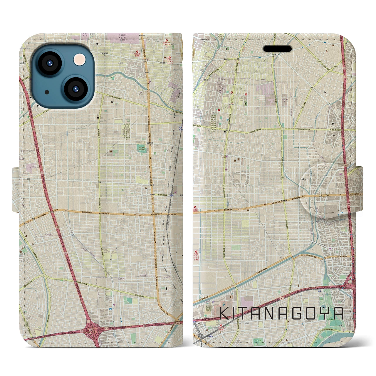 【北名古屋】地図柄iPhoneケース（手帳両面タイプ・ナチュラル）iPhone 13 用