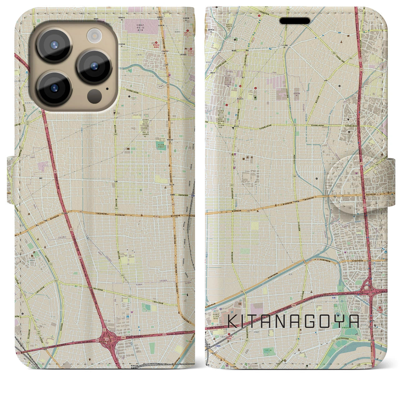 【北名古屋】地図柄iPhoneケース（手帳両面タイプ・ナチュラル）iPhone 14 Pro Max 用