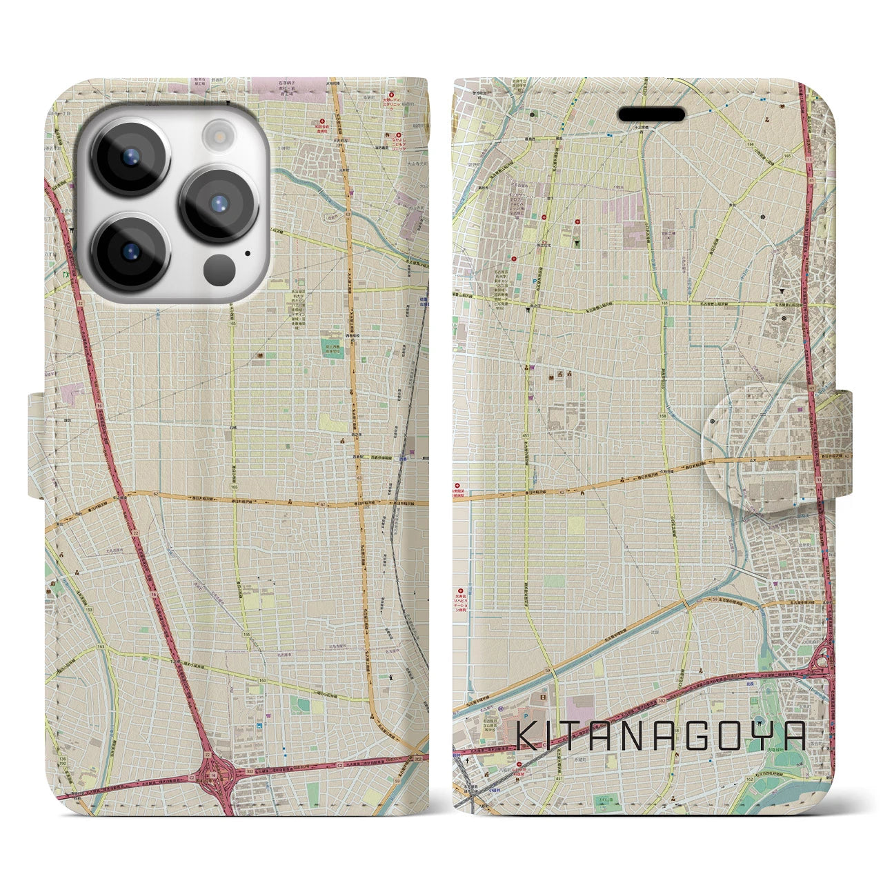 【北名古屋】地図柄iPhoneケース（手帳両面タイプ・ナチュラル）iPhone 14 Pro 用