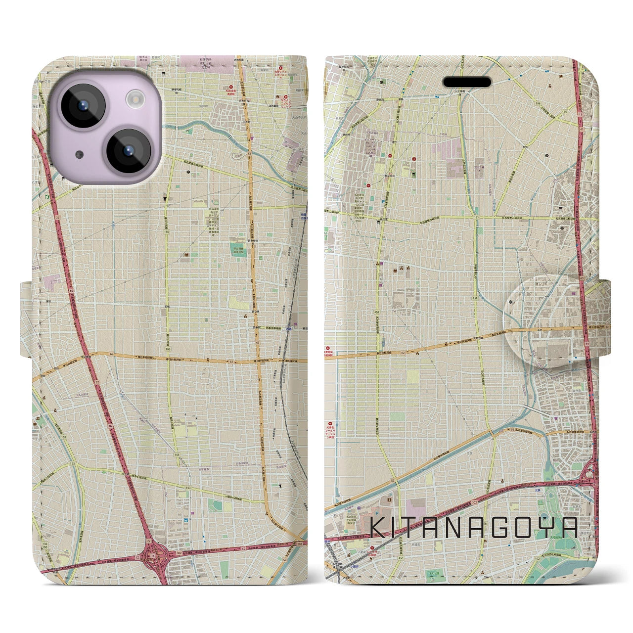 【北名古屋】地図柄iPhoneケース（手帳両面タイプ・ナチュラル）iPhone 14 用