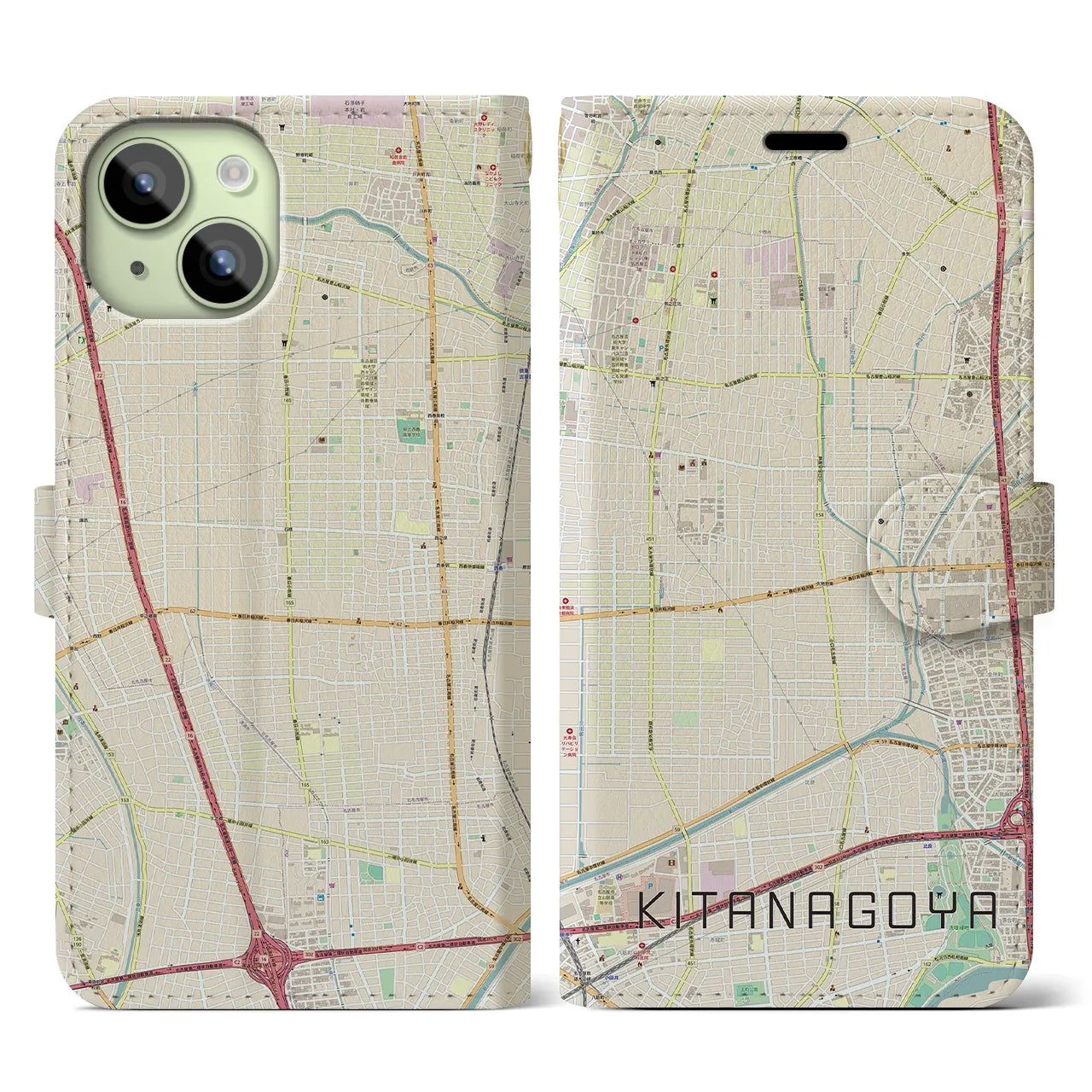 【北名古屋】地図柄iPhoneケース（手帳両面タイプ・ナチュラル）iPhone 15 用