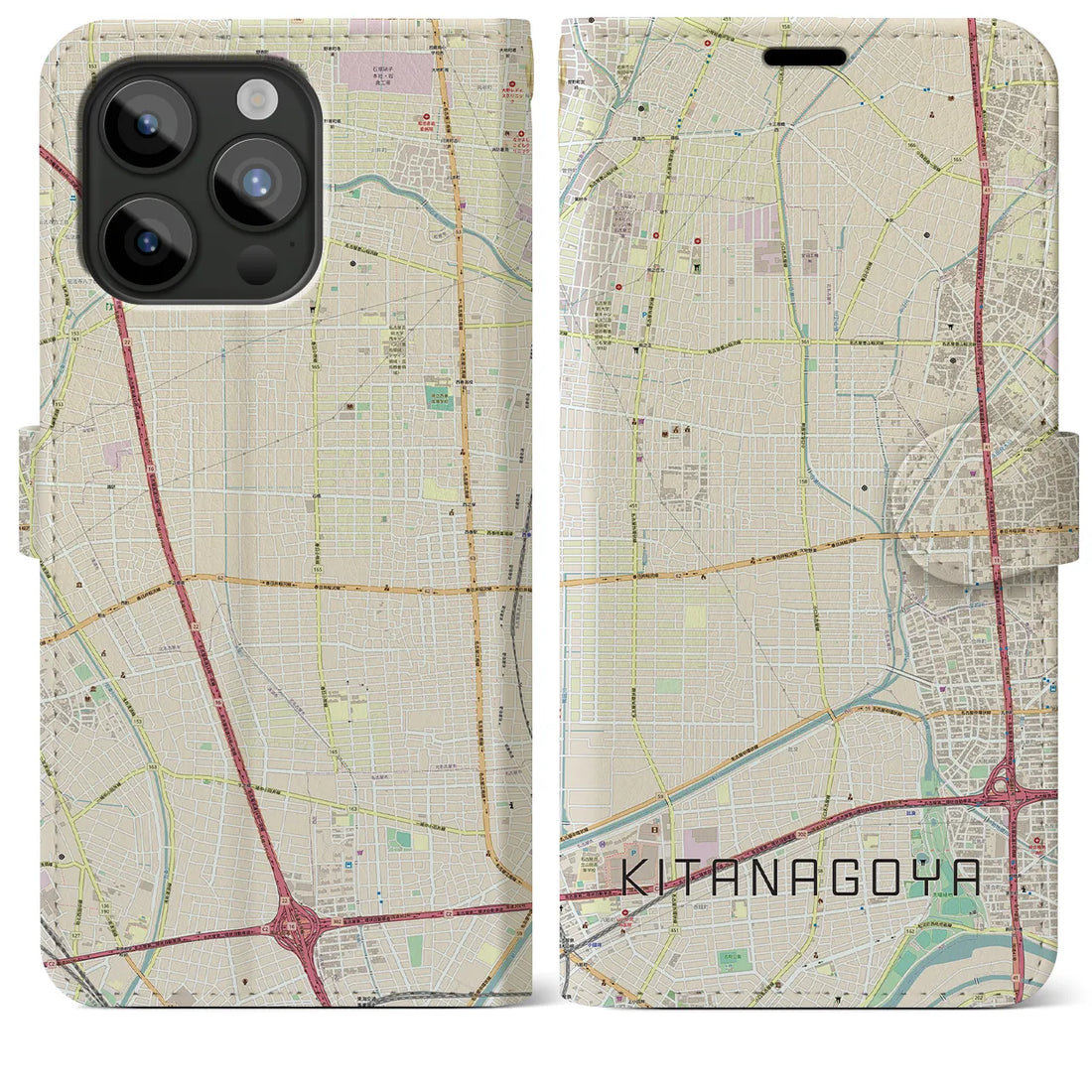 【北名古屋】地図柄iPhoneケース（手帳両面タイプ・ナチュラル）iPhone 15 Pro Max 用