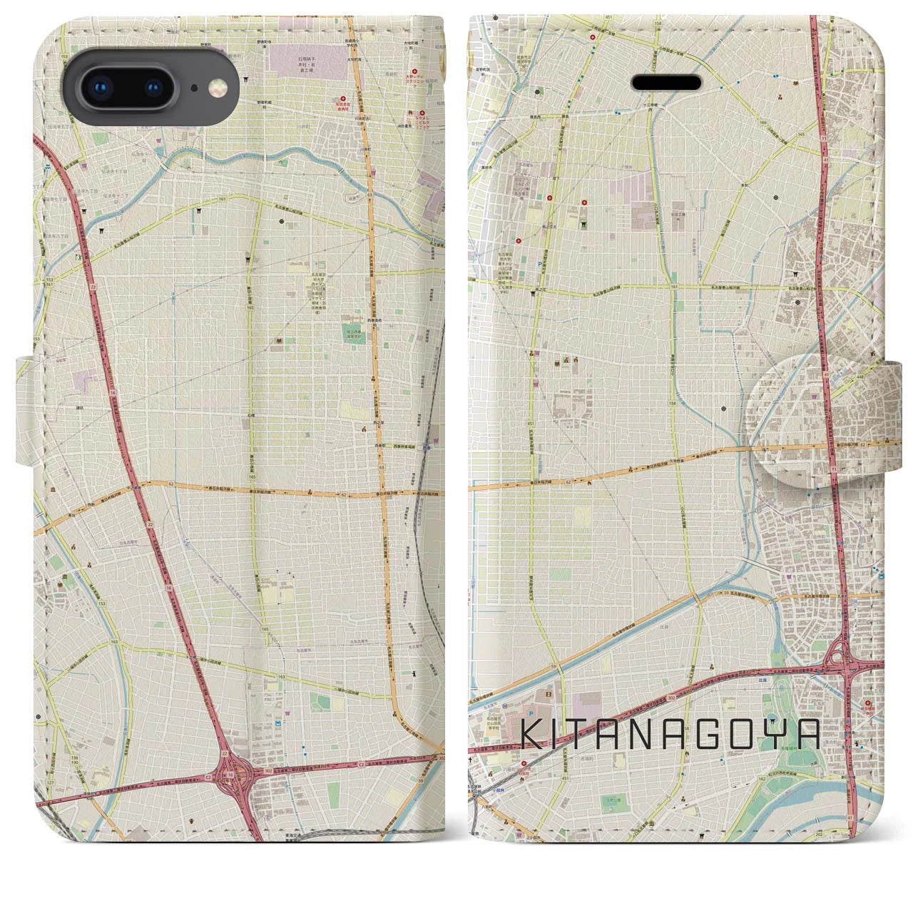 【北名古屋】地図柄iPhoneケース（手帳両面タイプ・ナチュラル）iPhone 8Plus /7Plus / 6sPlus / 6Plus 用