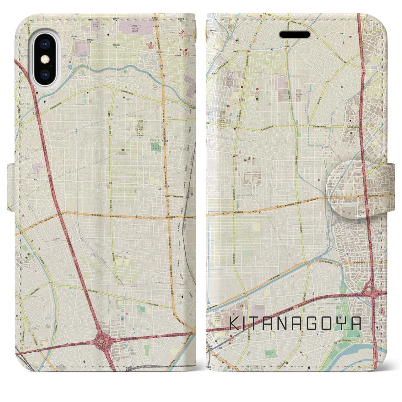 【北名古屋】地図柄iPhoneケース（手帳両面タイプ・ナチュラル）iPhone XS Max 用