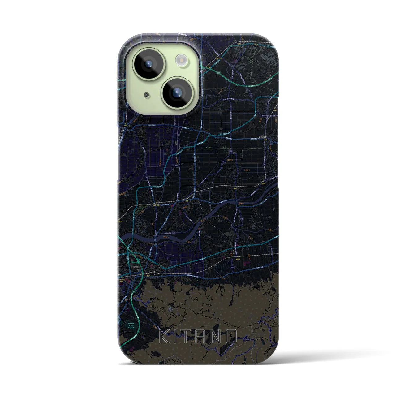【北野】地図柄iPhoneケース（バックカバータイプ・ブラック）iPhone 15 用