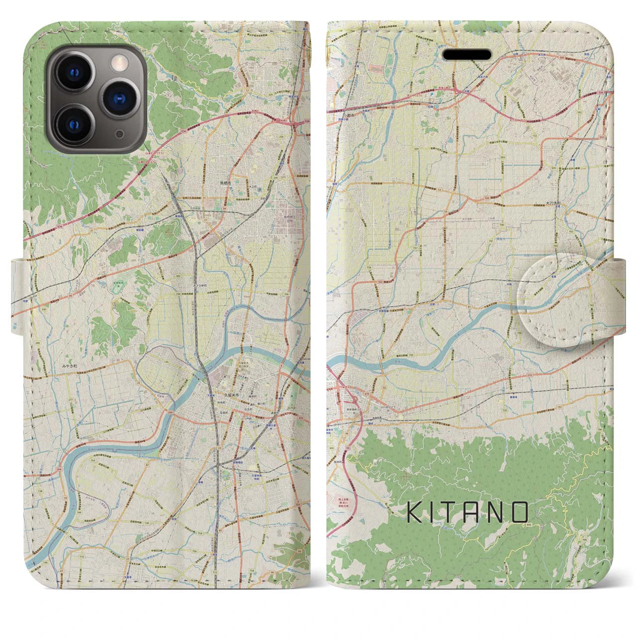 【北野】地図柄iPhoneケース（手帳両面タイプ・ナチュラル）iPhone 11 Pro Max 用