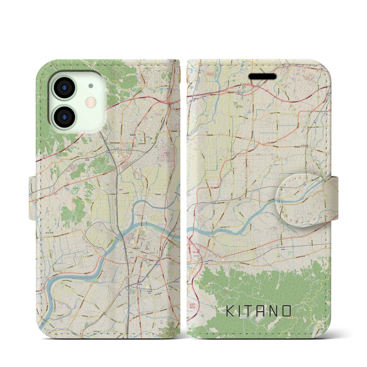 【北野】地図柄iPhoneケース（手帳両面タイプ・ナチュラル）iPhone 12 mini 用
