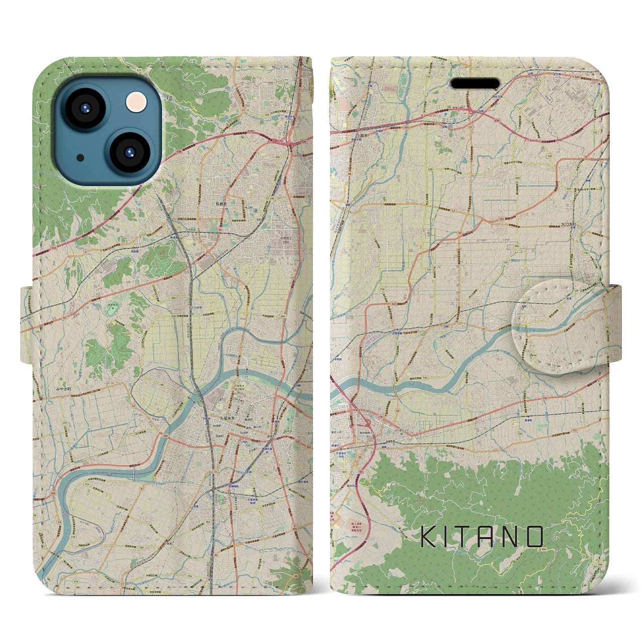 【北野】地図柄iPhoneケース（手帳両面タイプ・ナチュラル）iPhone 13 用