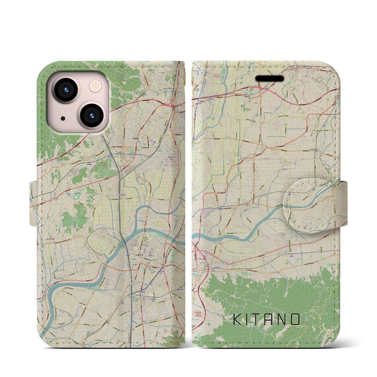 【北野】地図柄iPhoneケース（手帳両面タイプ・ナチュラル）iPhone 13 mini 用