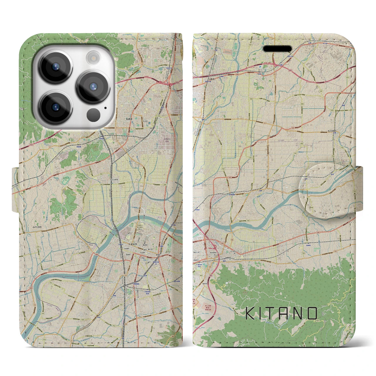【北野】地図柄iPhoneケース（手帳両面タイプ・ナチュラル）iPhone 14 Pro 用