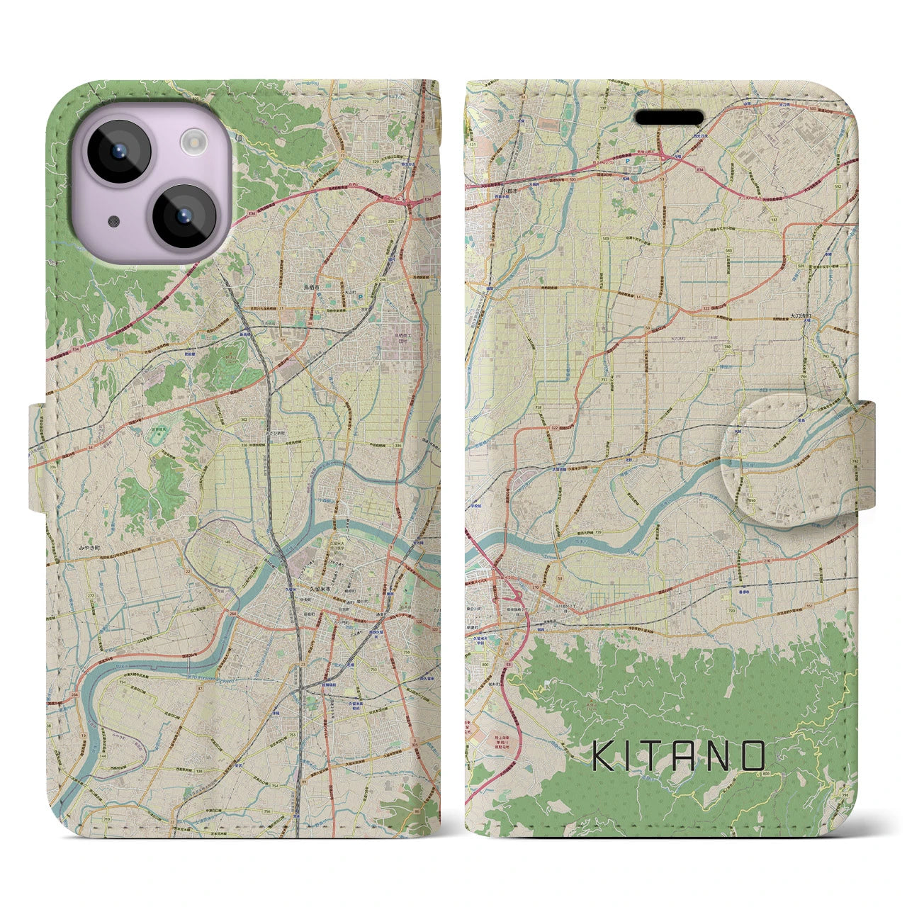 【北野】地図柄iPhoneケース（手帳両面タイプ・ナチュラル）iPhone 14 用