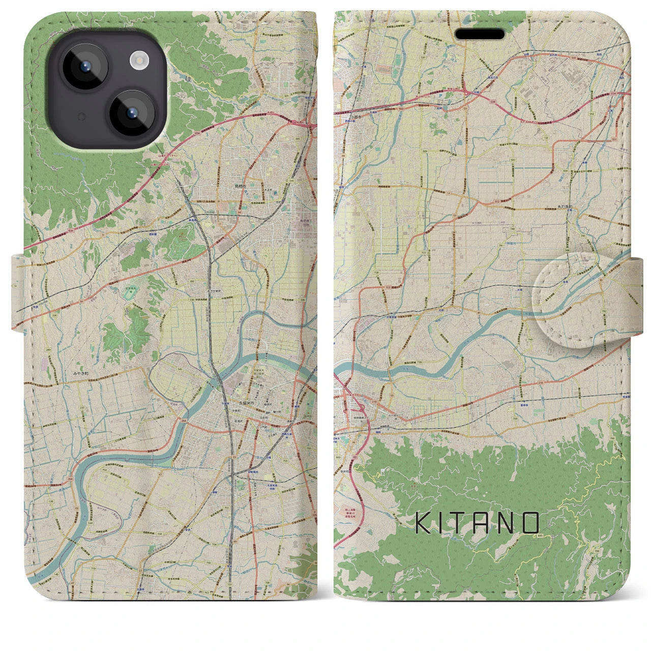 【北野】地図柄iPhoneケース（手帳両面タイプ・ナチュラル）iPhone 14 Plus 用