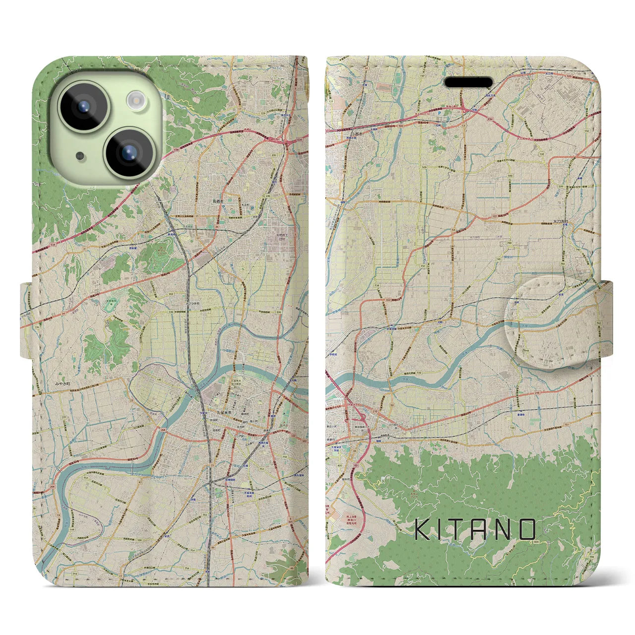 【北野】地図柄iPhoneケース（手帳両面タイプ・ナチュラル）iPhone 15 用