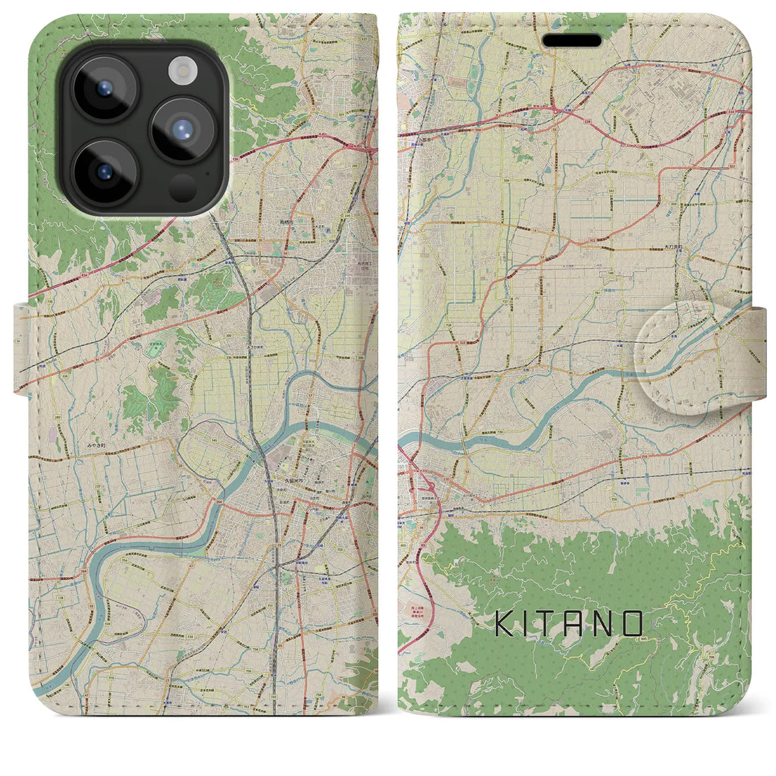 【北野】地図柄iPhoneケース（手帳両面タイプ・ナチュラル）iPhone 15 Pro Max 用
