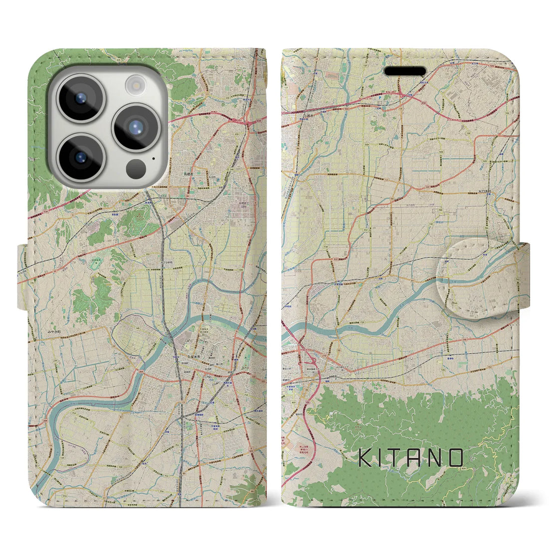 【北野】地図柄iPhoneケース（手帳両面タイプ・ナチュラル）iPhone 15 Pro 用