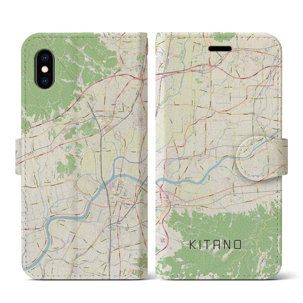 【北野】地図柄iPhoneケース（手帳両面タイプ・ナチュラル）iPhone XS / X 用