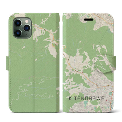 【北の沢（北海道）】地図柄iPhoneケース（手帳タイプ）ナチュラル・iPhone 11 Pro 用