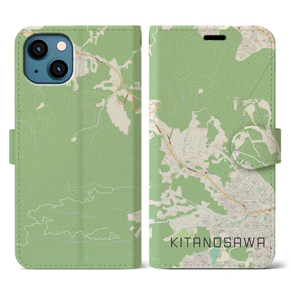 【北の沢（北海道）】地図柄iPhoneケース（手帳タイプ）ナチュラル・iPhone 13 用