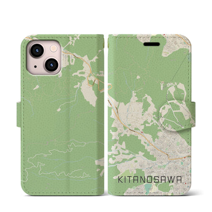 【北の沢（北海道）】地図柄iPhoneケース（手帳タイプ）ナチュラル・iPhone 13 mini 用