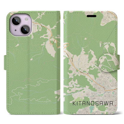 【北の沢（北海道）】地図柄iPhoneケース（手帳タイプ）ナチュラル・iPhone 14 用