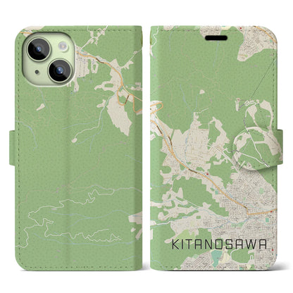 【北の沢（北海道）】地図柄iPhoneケース（手帳タイプ）ナチュラル・iPhone 15 用