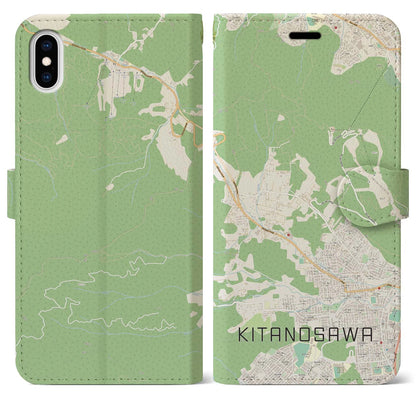 【北の沢（北海道）】地図柄iPhoneケース（手帳タイプ）ナチュラル・iPhone XS Max 用