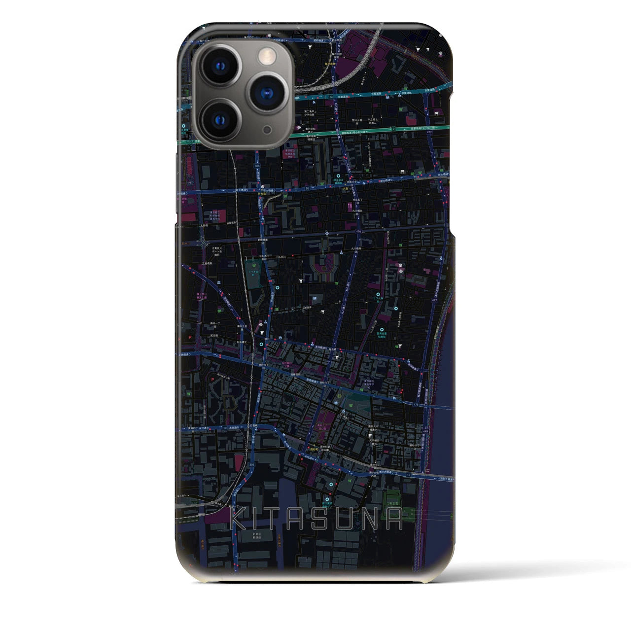 【北砂】地図柄iPhoneケース（バックカバータイプ・ブラック）iPhone 11 Pro Max 用