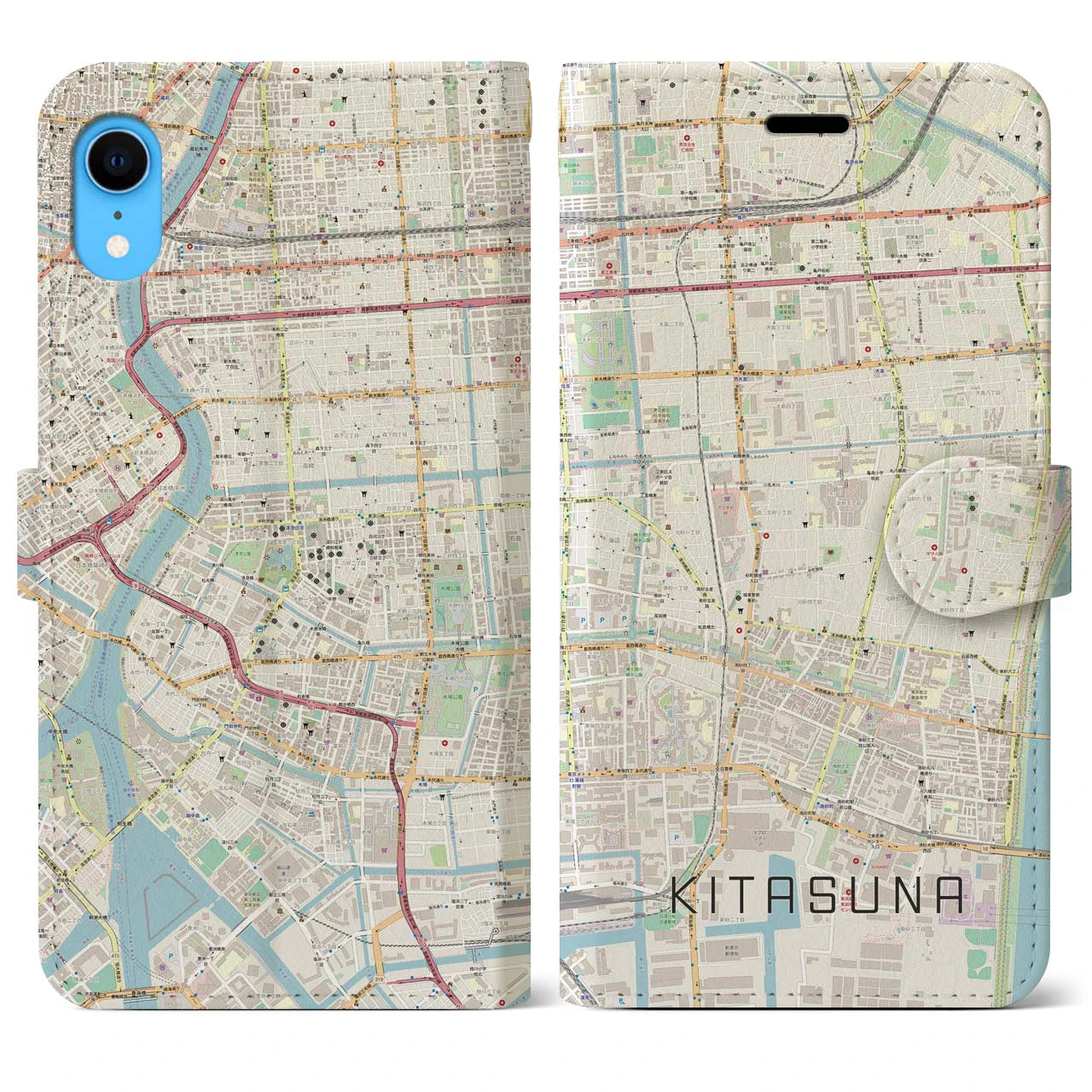 【北砂】地図柄iPhoneケース（手帳両面タイプ・ナチュラル）iPhone XR 用